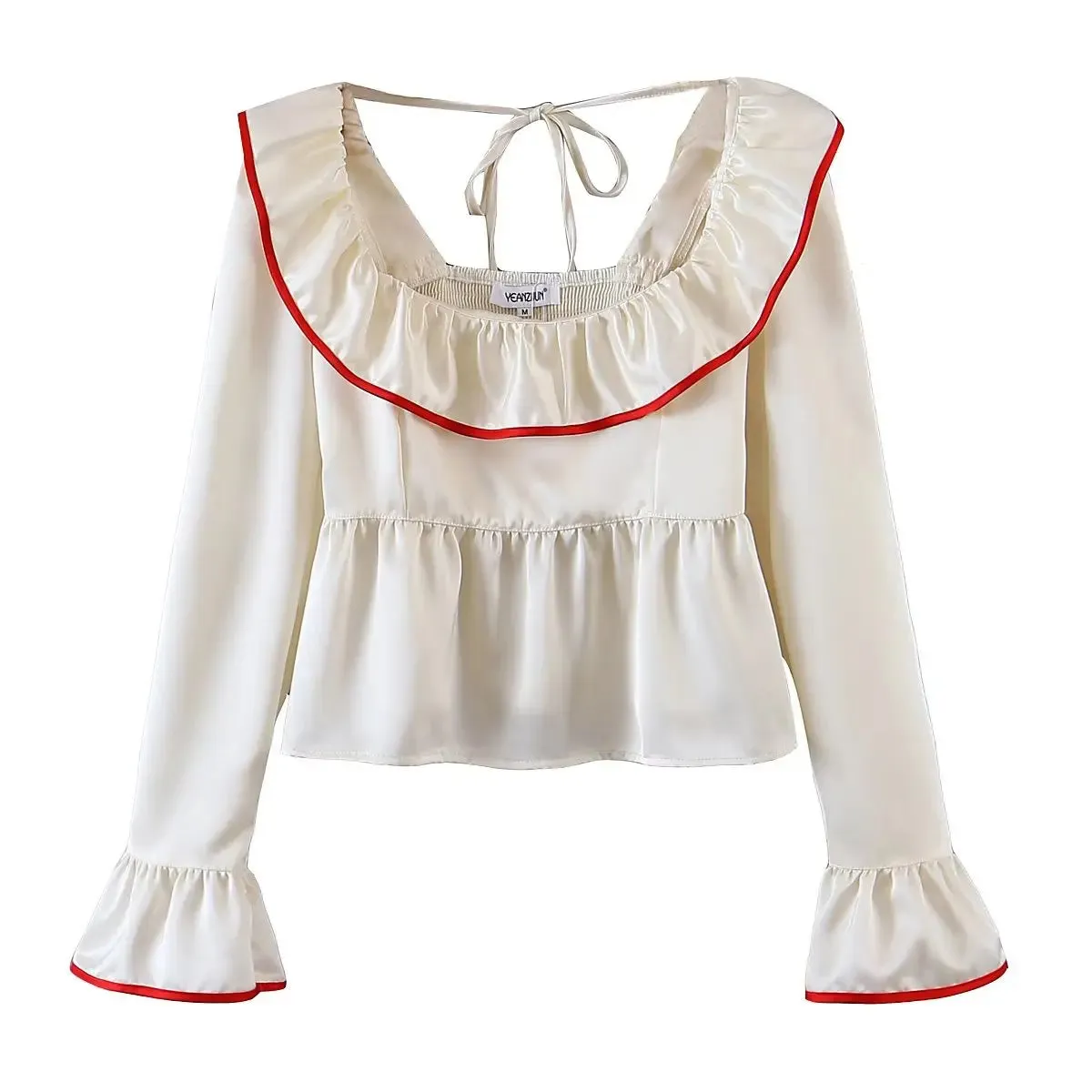 Women Vintage-Inspired Peasant Top - Ruffled Square Neck Blouse